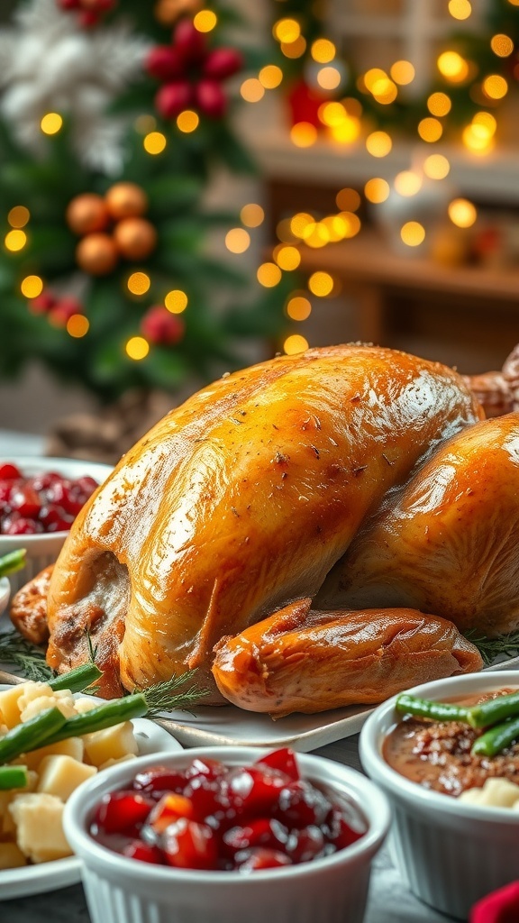 Herb-roasted turkey breast on a festive table with holiday side dishes.